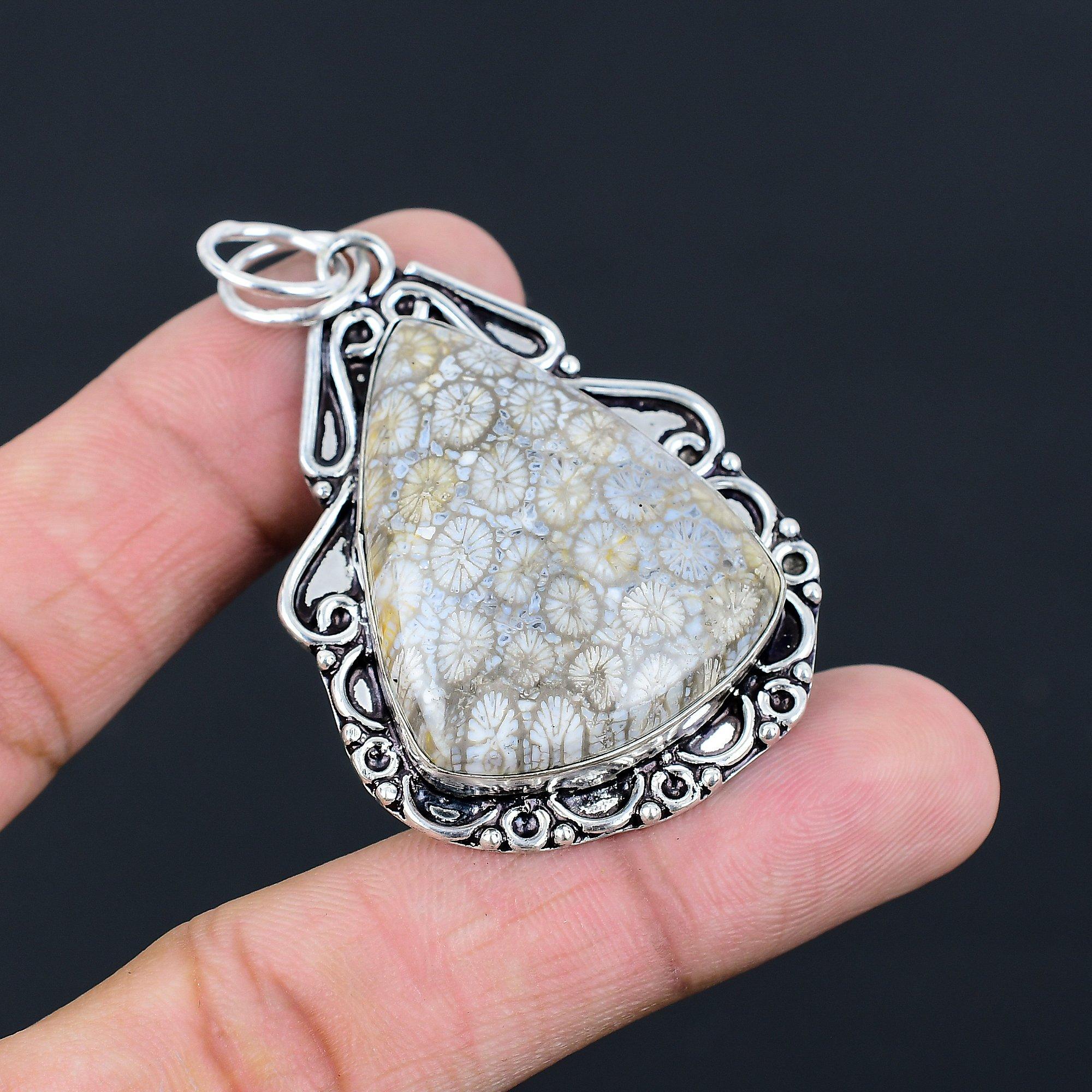 

Daughters Day Deal 925 Silver Natural Fossil Coral Bezel Root Chakra New Pendant
