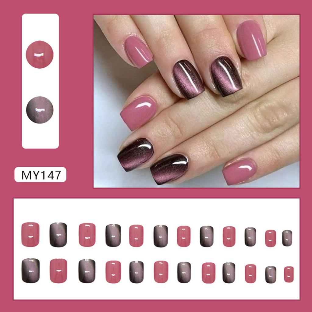 24 Pcs Cats Eye False Nail Reusable Artificial Nail Short Full Cover Stick On Nail Glossy Press On Nail for Woman