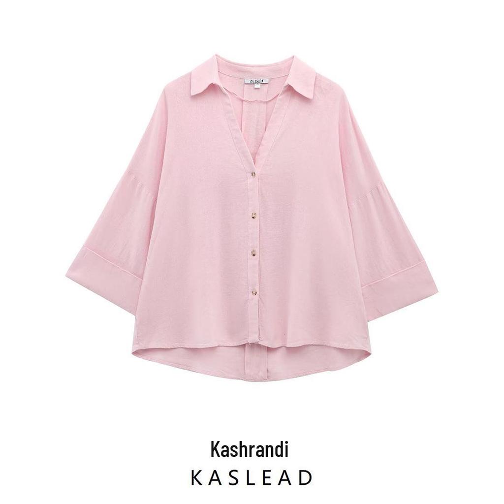 2025 Spring Women's European Fashion Linen Blend Wide Sleeve Shirt