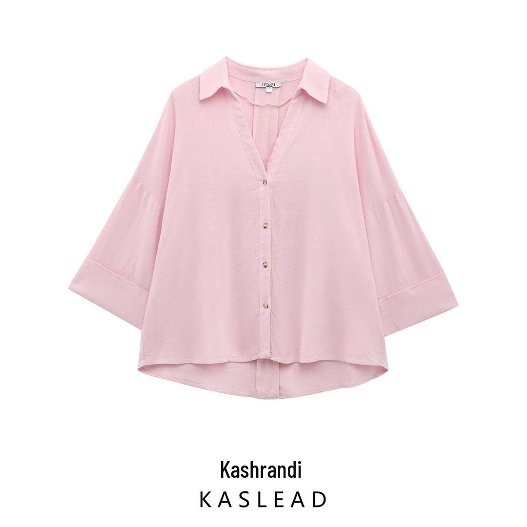 

2025 Spring Women s European Fashion Linen Blend Wide Sleeve Shirt Extra Small