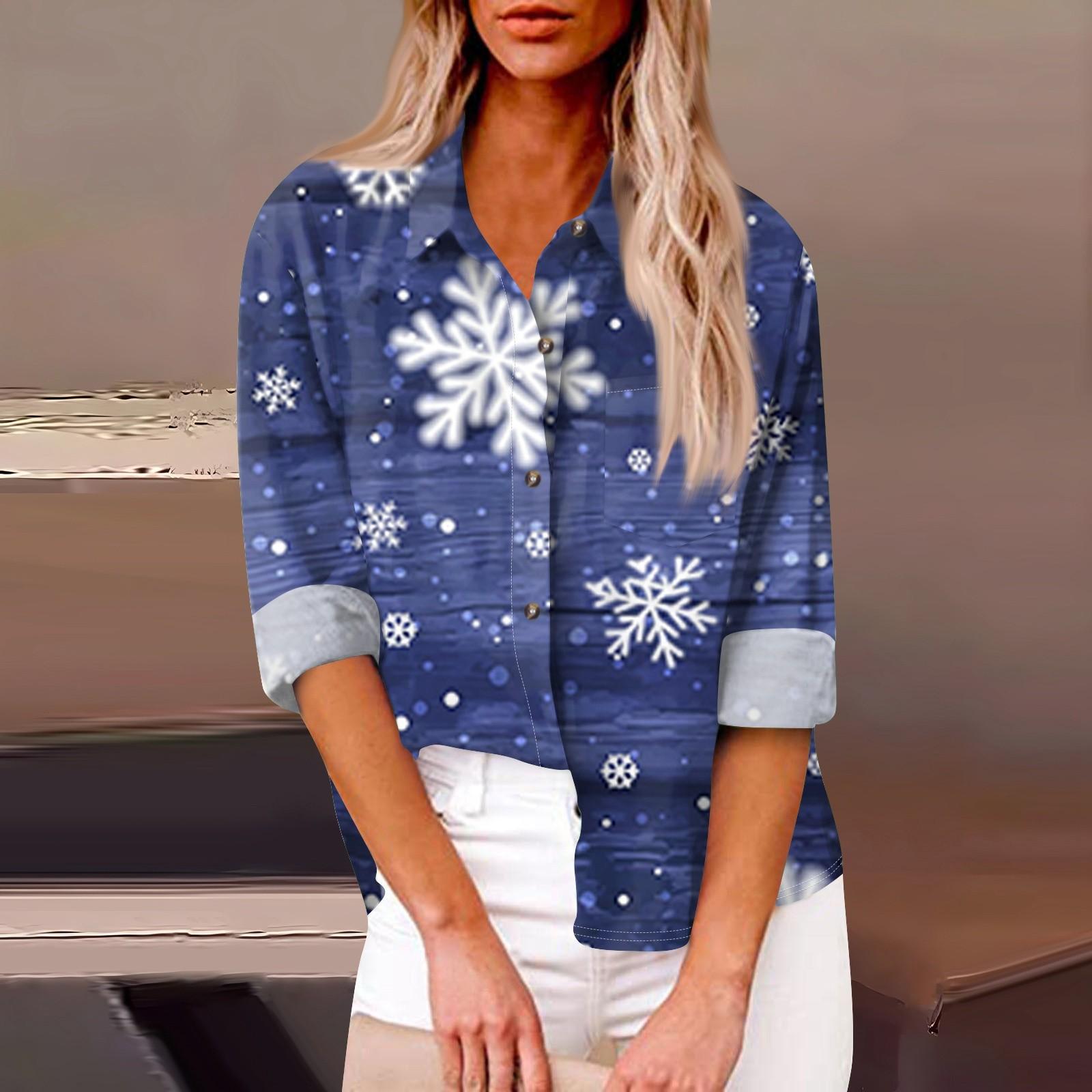 Женская свободная повседневная рубашка с длинными рукавами и рождественским принтом — фото 14