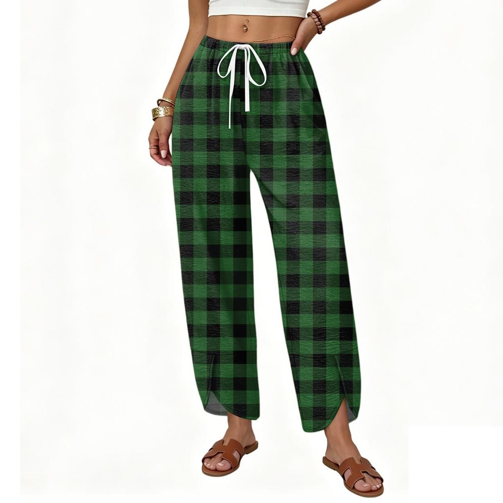 Women Casual Loose Straight Wide Leg Pants with Button and Printed Pattern Drawstring Waist Long Trousers