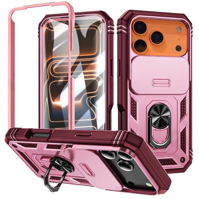 

360 Degree Rotate Military Grade Armor Protection Phone Case For iPhone 17 13 15 14 16 11 12 Pro Max Plus Air Camera Slide Cover iPhone 11 рожевий