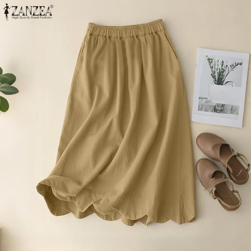 

ZANZEA Women Summer Casual Elastic Waist Wave Shape Hem A-Line Skirt 5XL чорний
