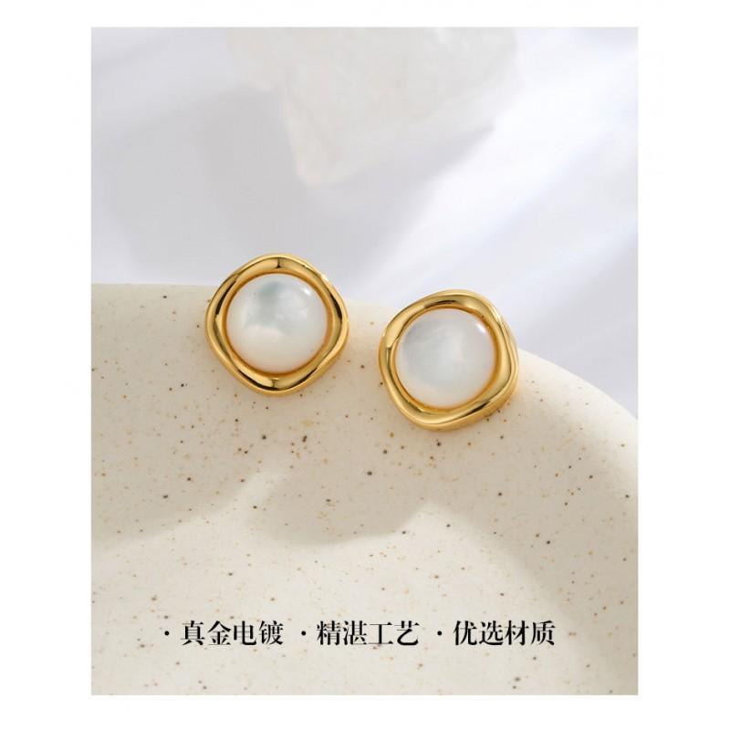 Minimalist Irregular Circle Mother Of Pearl Stud Earrings Women Real Gold Plated Post Geometric Fashion Jewelry