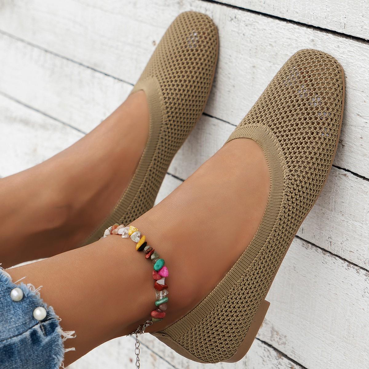 

Color Round Toe Fly Woven Flat Sole Single Shoe For Women s Casual, Breathable, Hollowed Out Knitted Lazy Work Shoes 40