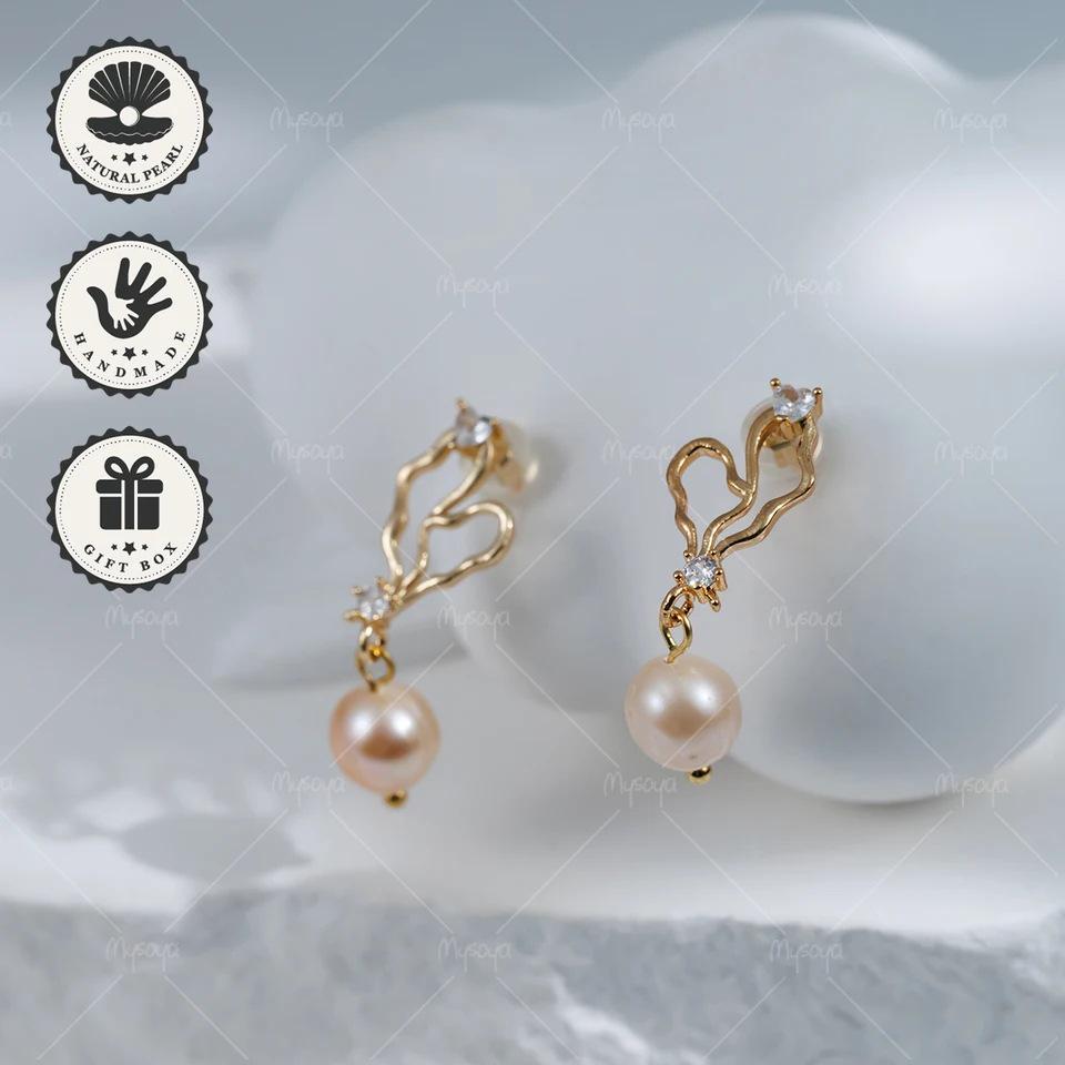 MYSOYA Pink Freshwater Pearl Stud Earrings with Gold Irregular Heart Design, 7-8mm. US Size