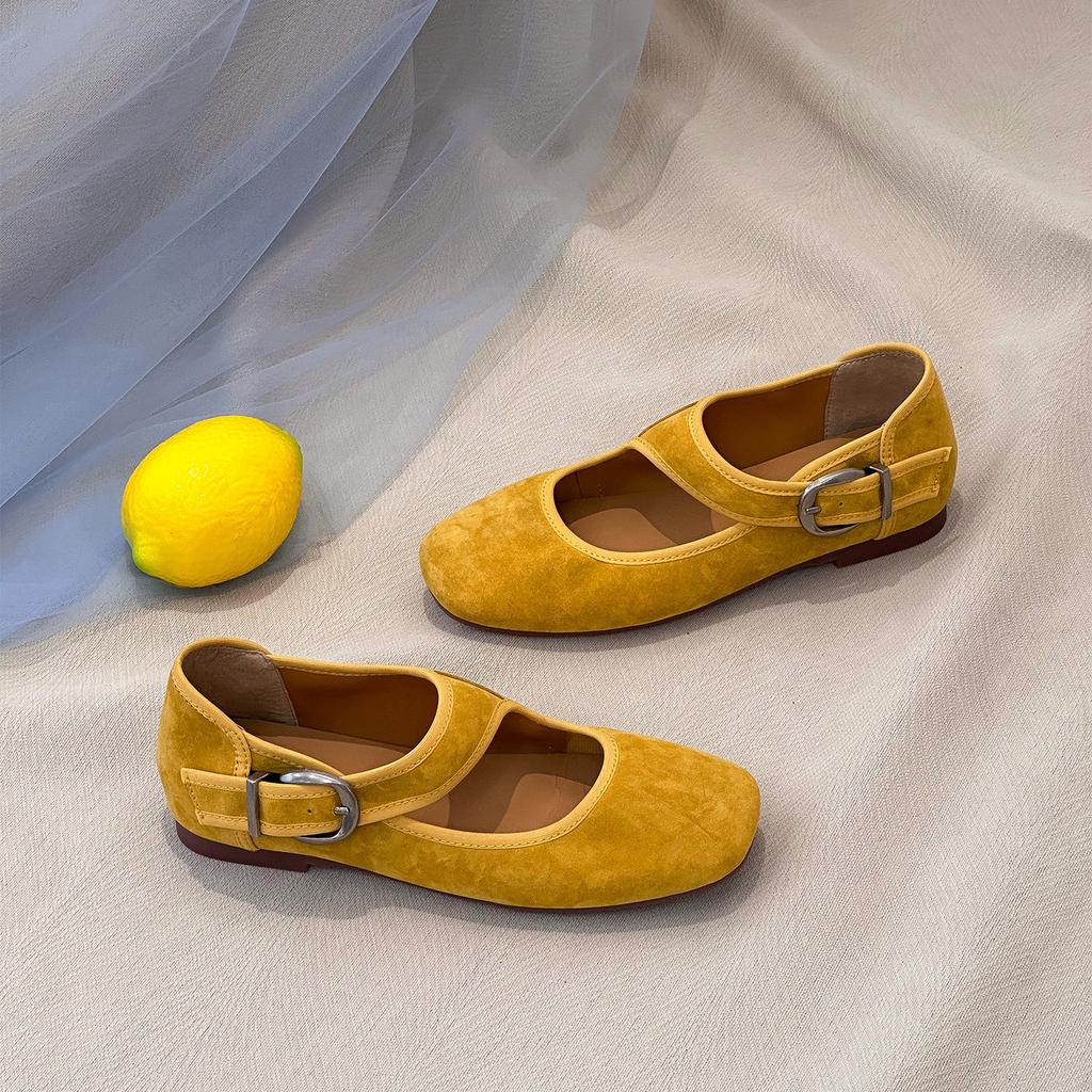 Korean Version Round Head Light Mouth Shoes Suede Ballet Shoes Spring Buckle Belt Mary Jane Flat Bottom Evening Shoes Ladyshoes 26-5