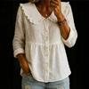 Women Shirt Ruffled Large Lapel Long Sleeve Buttons Placket Shirt Tops Pure Color Loose Fit Mid-Length Hem Casual Tops