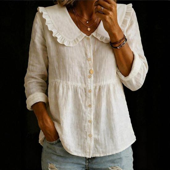 Women Shirt Ruffled Large Lapel Long Sleeve Buttons Placket Shirt Tops Pure Color Loose Fit Mid-Length Hem Casual Tops