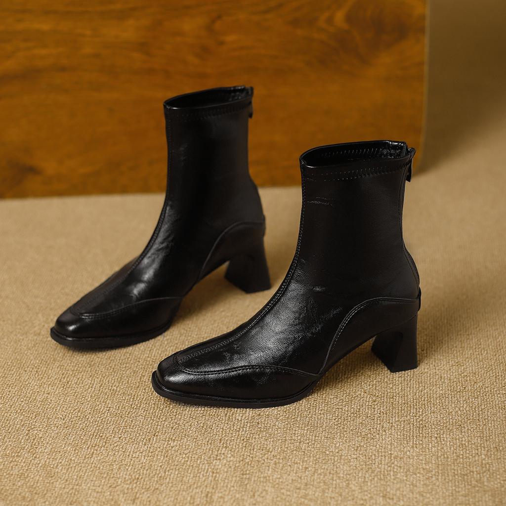 French Retro Square Head High-heeled Short Boots Women's Autumn New Rear Zipper Soft Leather Fashion Temperament Versatile Commuter Martin Boots