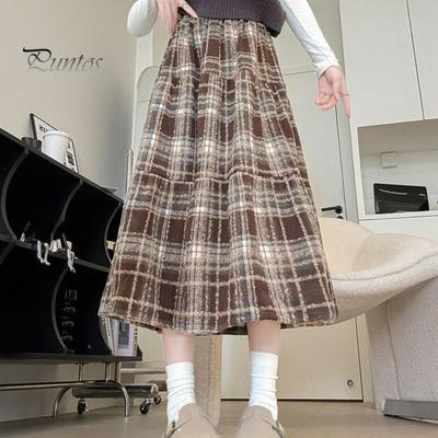 High-Waisted Woolen Skirt Women Plaid Print Ruffle Stitching A-Line Skirt Autumn Winter Woolen Skirt Daily Wear