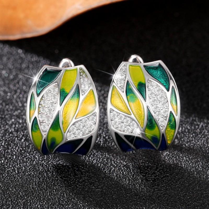 

Huitan Creative Design Pink Flowers Enamel Earrings for Women Silver Color Luxury Crystal CZ Green Leaf Earrings Fashion