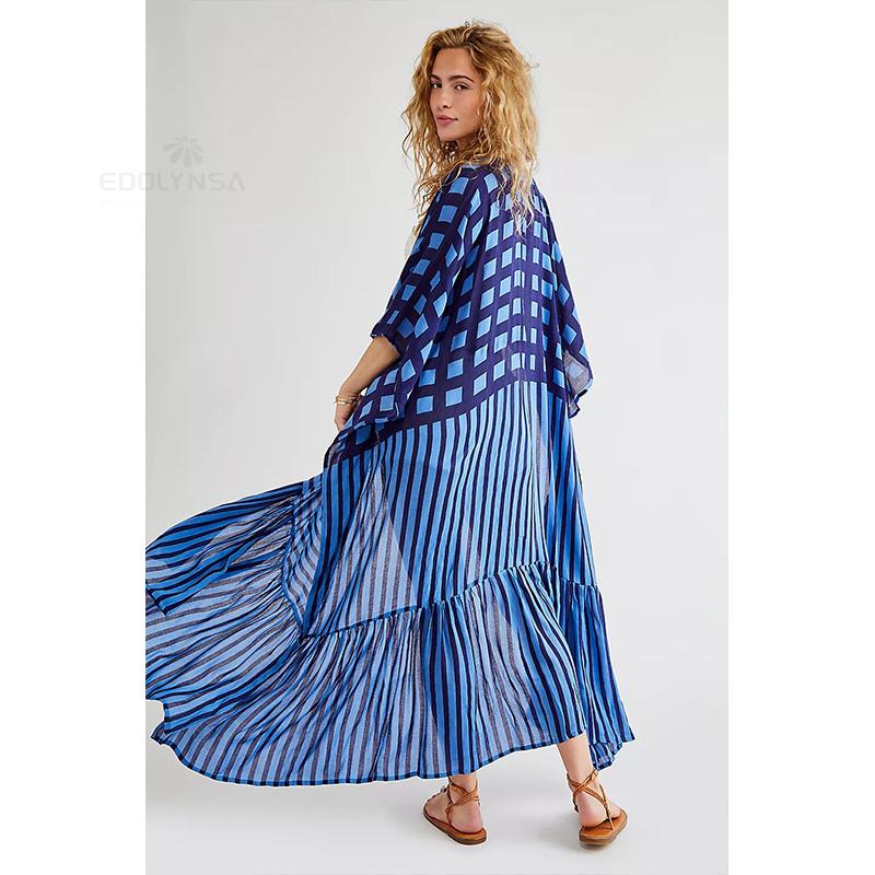 EDOLYNSA Swimsuit Coverup for Women Blue Bohemian Striped Half Sleeve Kimono Dress Plus Size Women Clothing Beach Wear Swim Suit Cover Up