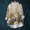 Women's Loose Ruffled Retro Floral Print Stand Collar Long Sleeve Cotton And Linen Top