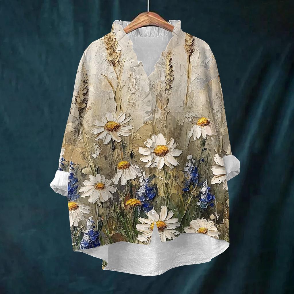 Women's Loose Ruffled Retro Floral Print Stand Collar Long Sleeve Cotton And Linen Top