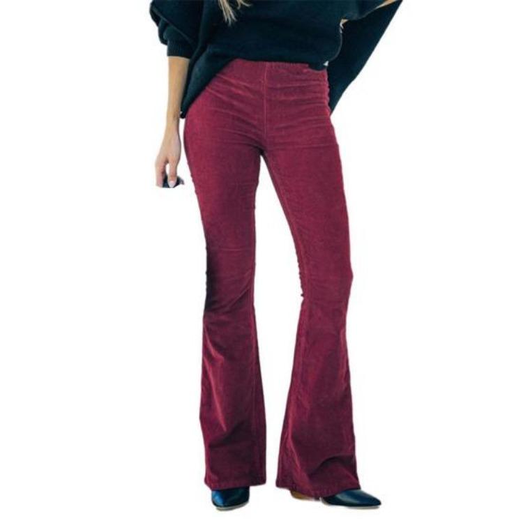 

Women High Waist Flared Pants Elastic Solid Color Casual Trousers Long Pants with Pockets Autumn Winter S темно-красного