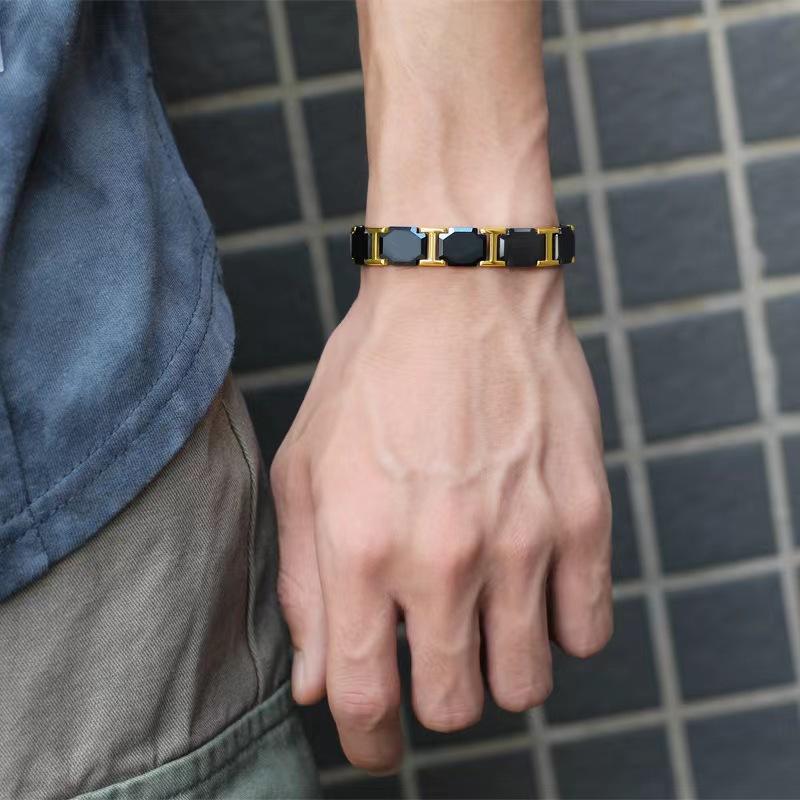 11mm Punk Rose Gold Color Black Ceramic Magnetic Health Bracelet Men Women Hiphop Stainless Steel Bike Therapy Bangle Jewelry