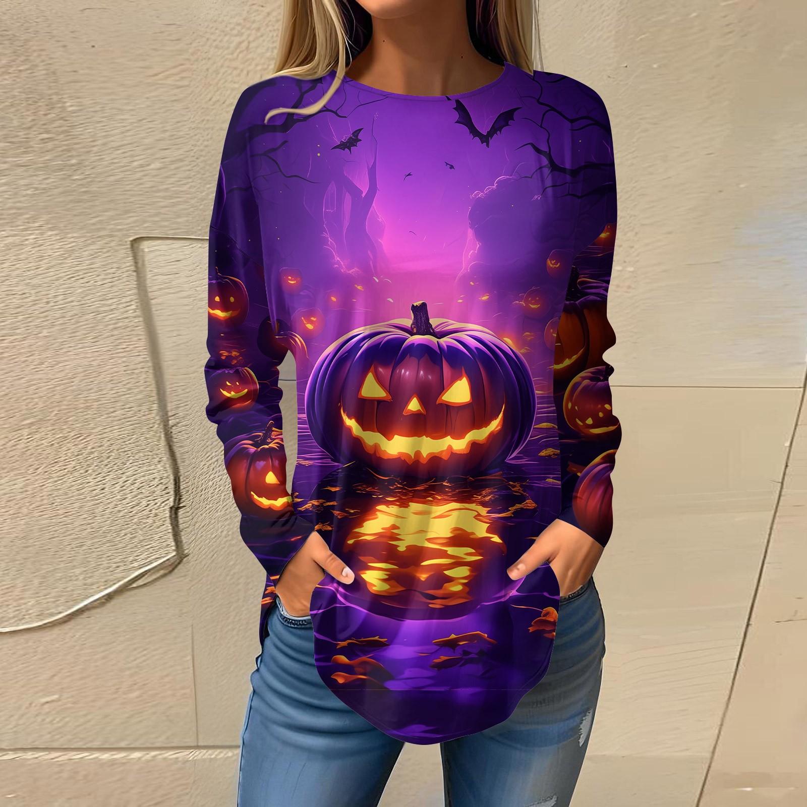

Женская свободная футболка с круглым вырезом и принтом на Хэллоуин с длинными рукавами, топ, пуловер, свитшот с длинными рукавами XXXL фиолетовый