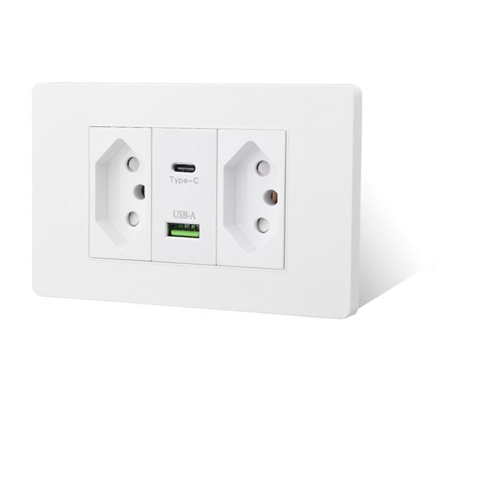 Brazil Standard 20A Wall Power Socket PD 3.0 20W Type-C Dual USB Fast Charge Outlet 118*75mm Flame retardant PC panel Usb Socket