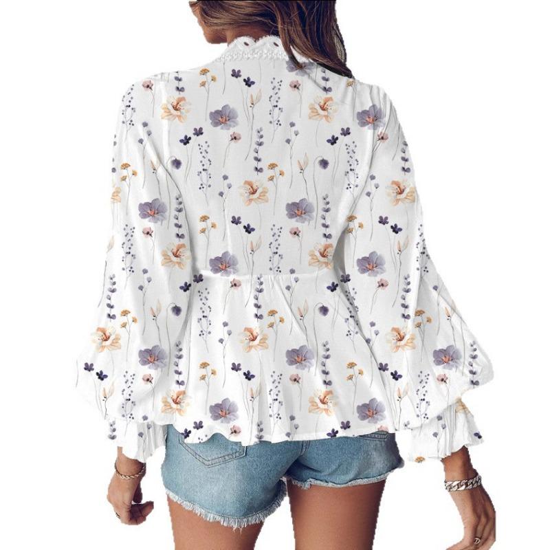 2025 Spring and Autumn New Women's V-neck Lace Splicing Shirt