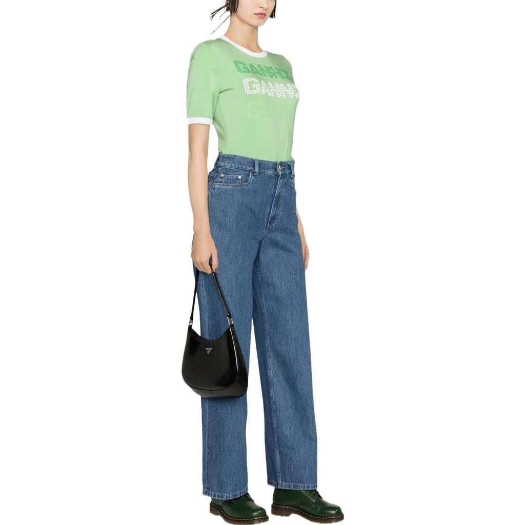 Ganni Ss23 Letter Print Round Neck Short Sleeve T-Shirt Women tops Green T3352-484