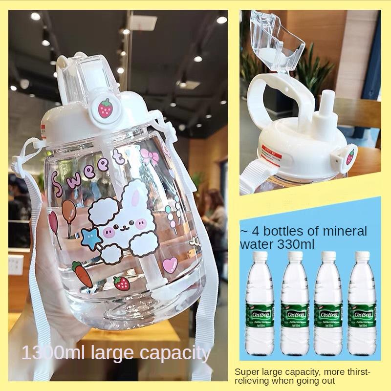 1300 ML Large Capacity Outdoor Sports Water Bottle with Straw Strap Creative Cute Sticker Portable Plastic Kids Sippy Water Cup