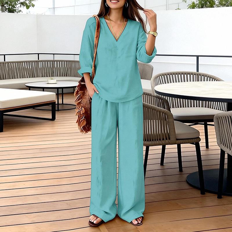 2026 Spring Women's Fashion: Solid Color V-neck Long Sleeve Top & Long Pants Set