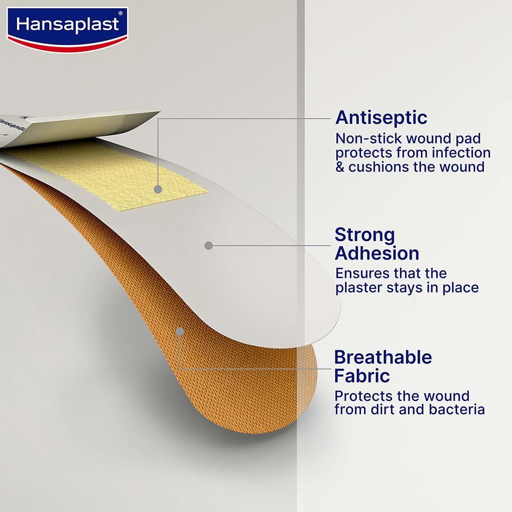 Hansaplast Antiseptic Regular Bandage for Cuts & Wounds | 100 Strips | Breathable Fabric | First Aid | Protects Against Dirt and Bacteria | For K
