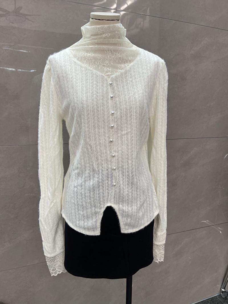 

Женский осенне-зимний топ с кружевными сетчатыми вставками: Приталенный крой, полувысокий воротник, длинный рукав, носить отдельно или в качестве базового слоя S