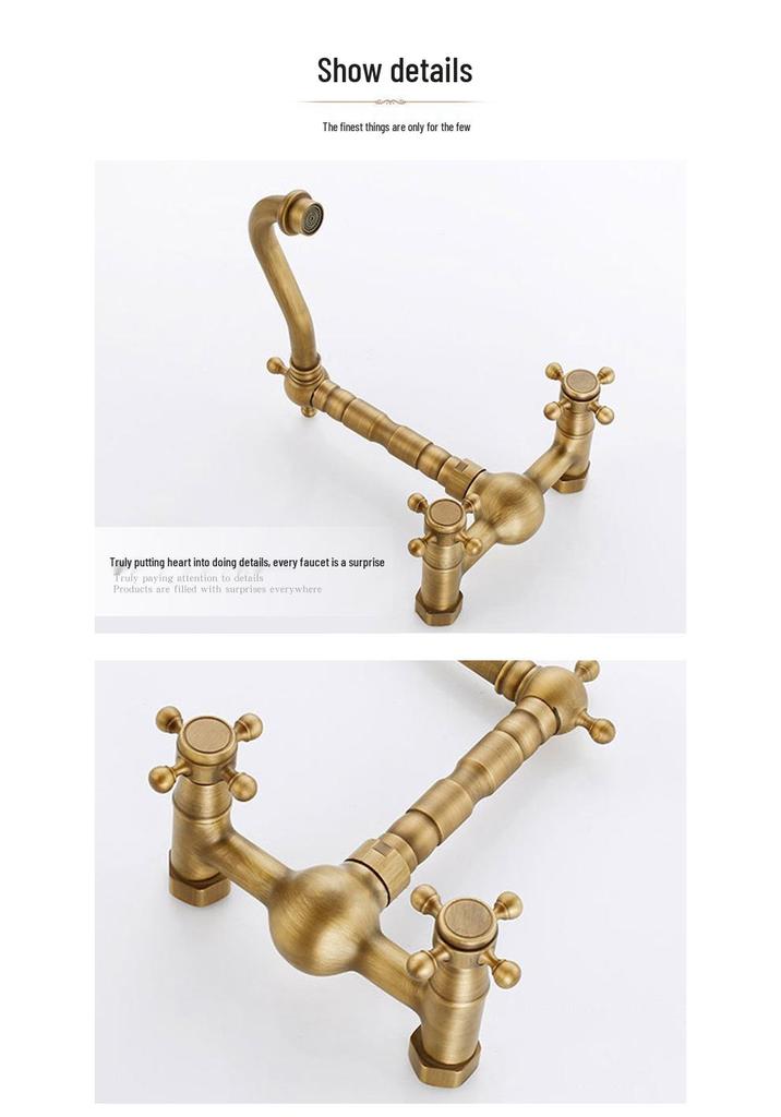 Retro French Copper Wall-Mounted Double Handle Faucet for Kitchen and Balcony.