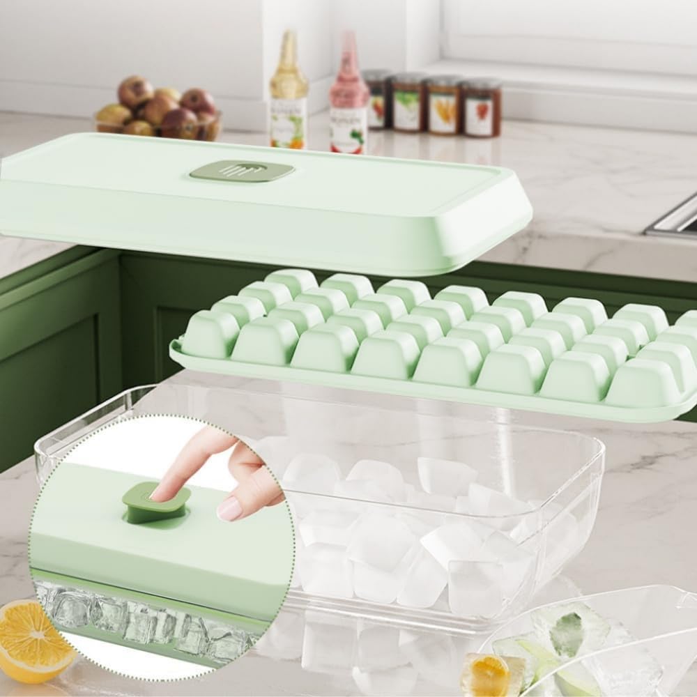 Silicone Ice Maker with 18 Square Ice Easy Ice Large for Home Includes Shovel Lid, Cubes, Removal, Capacity, Freezing, (Green)