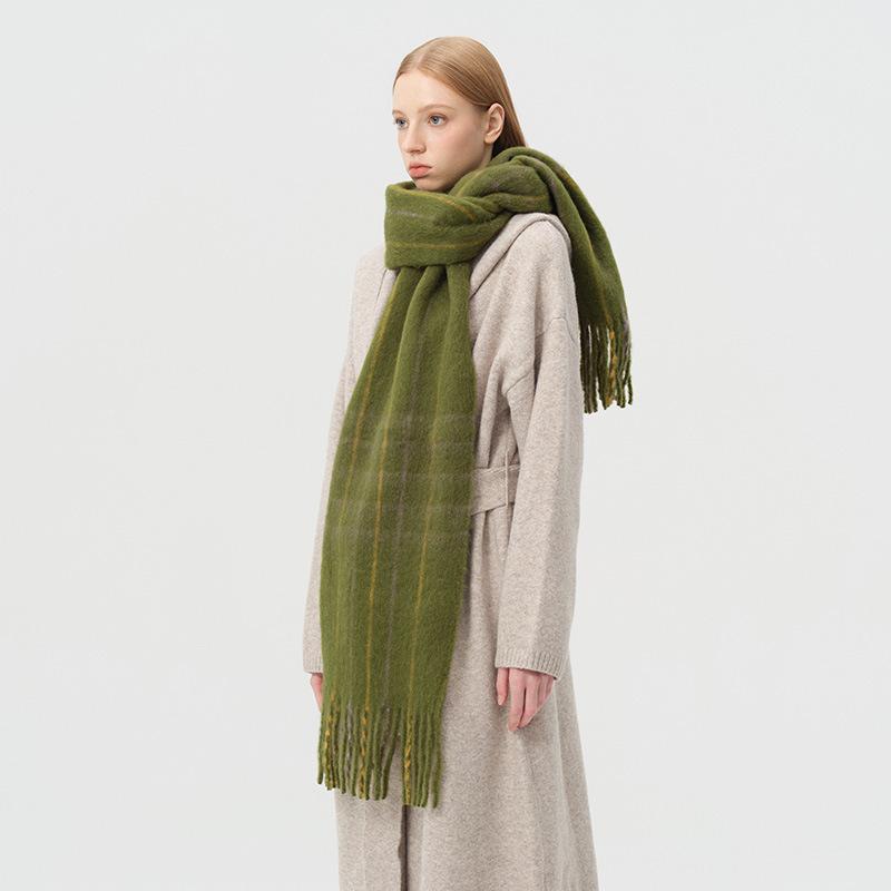 Wool Blended Macaron Color Tassel Plaid Scarf Women's Winter Extra Soft Atmosphere Shawl