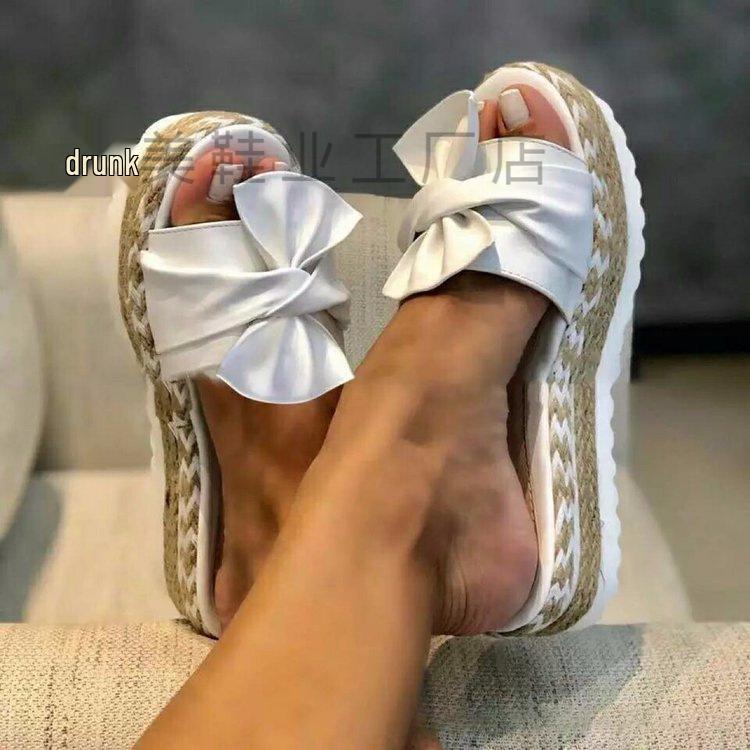 Summer 2020 Women's Wedge Heel Bowknot Slippers with Thick Hemp Rope Sole, Plus Size