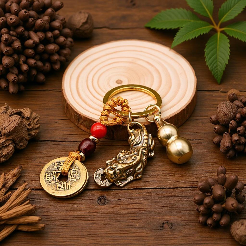 Brass Pixiu Keychain with Five Emperor Coins - Auspicious Clouds Pendant & Personalized Car Ornament Handicraft.