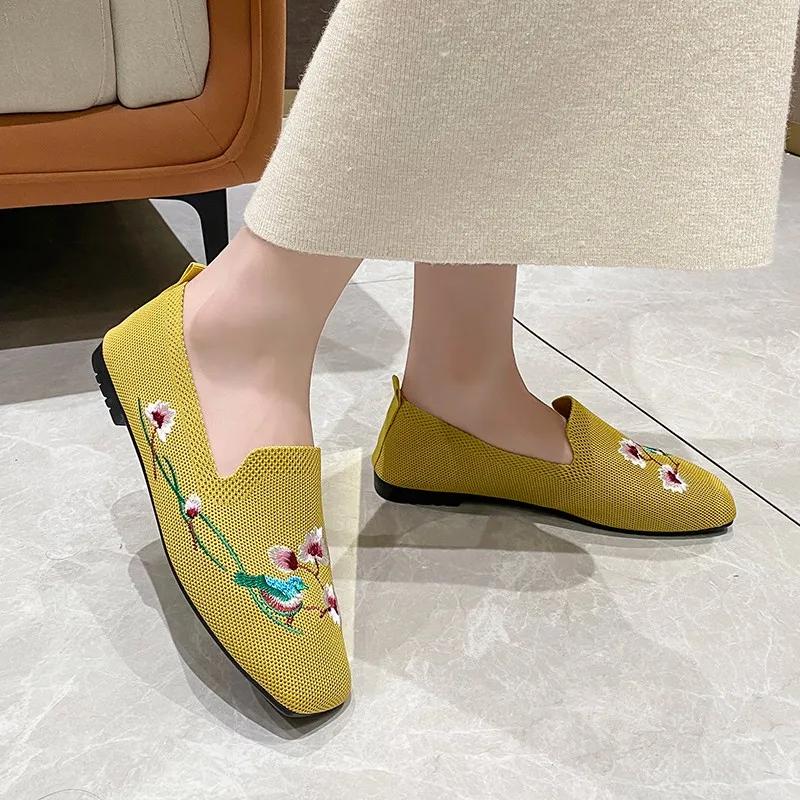 Ladies Shoes 2024 New One Kick Women's Flats Autumn Square Toe Breathable Mesh Solft Sole Light Casual Comfortable Flats Shoes