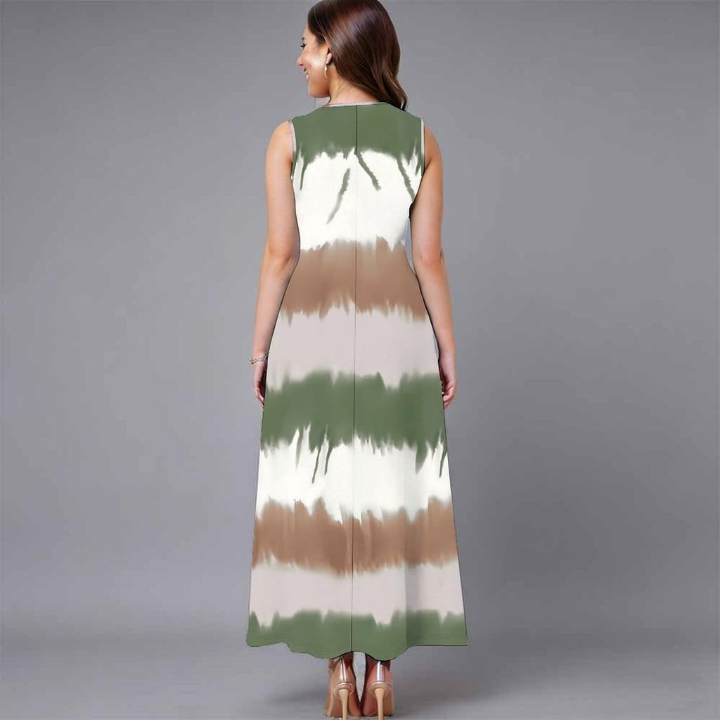 Oversized Women Sleeveless Round Neck Dress Striking Large Floral Pattern Loose Calf Length Gown