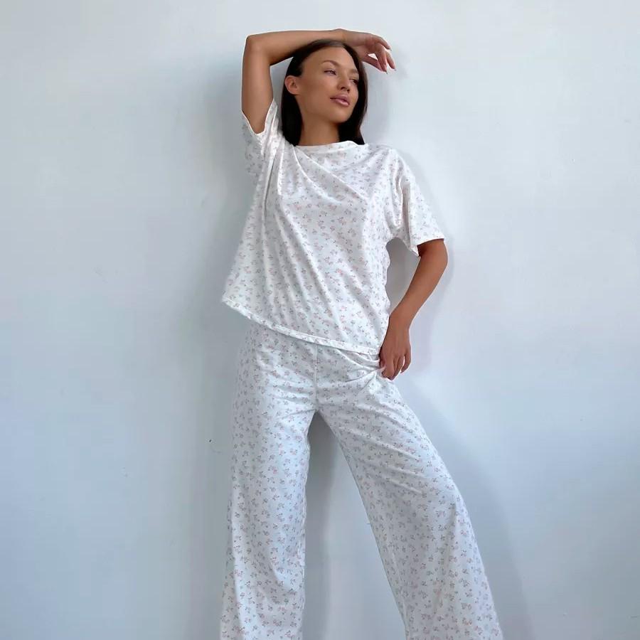 Spring Summer Pajamas Set for Women White Heart Print Short Sleeve Tops and Long Pants Sleepwear Casual Loose Soft Pyjamas Homewear