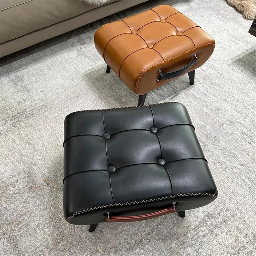 Nordic Light Luxury Leather with Handle Shoe Changing Stool Protable Foot Step Stool Furniture Ottoman for Living Room Bedroom