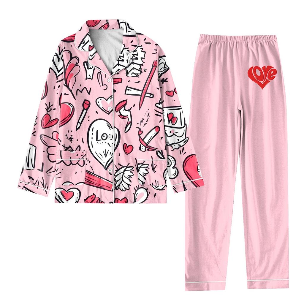 2-teiliger bedruckter Damen-Anzug, langärmelig, Oberteil mit Knopfleiste, weite Hosen, Anzug-Set, Schlafanzug, Home-Casual-Anzug