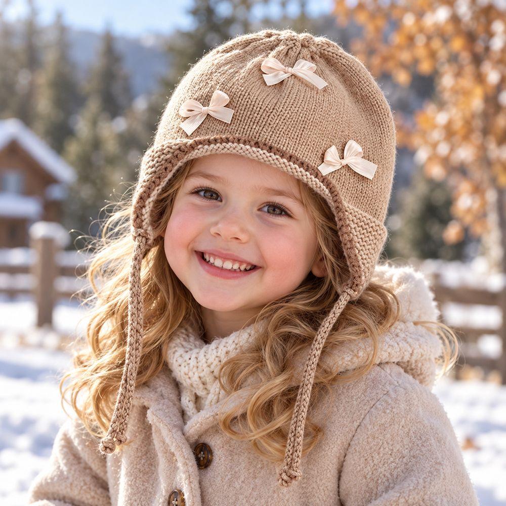 Soft Knit Baby Beanie Bow Decor Girl Hat Wind Proof Kids Hat Kids