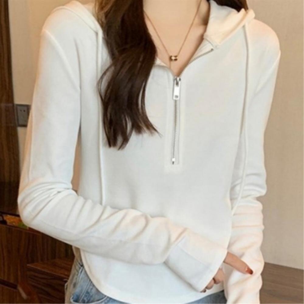 New Arrivals Open Run Women Half Zip Hoodie Unbalance Black White Cotton Blended