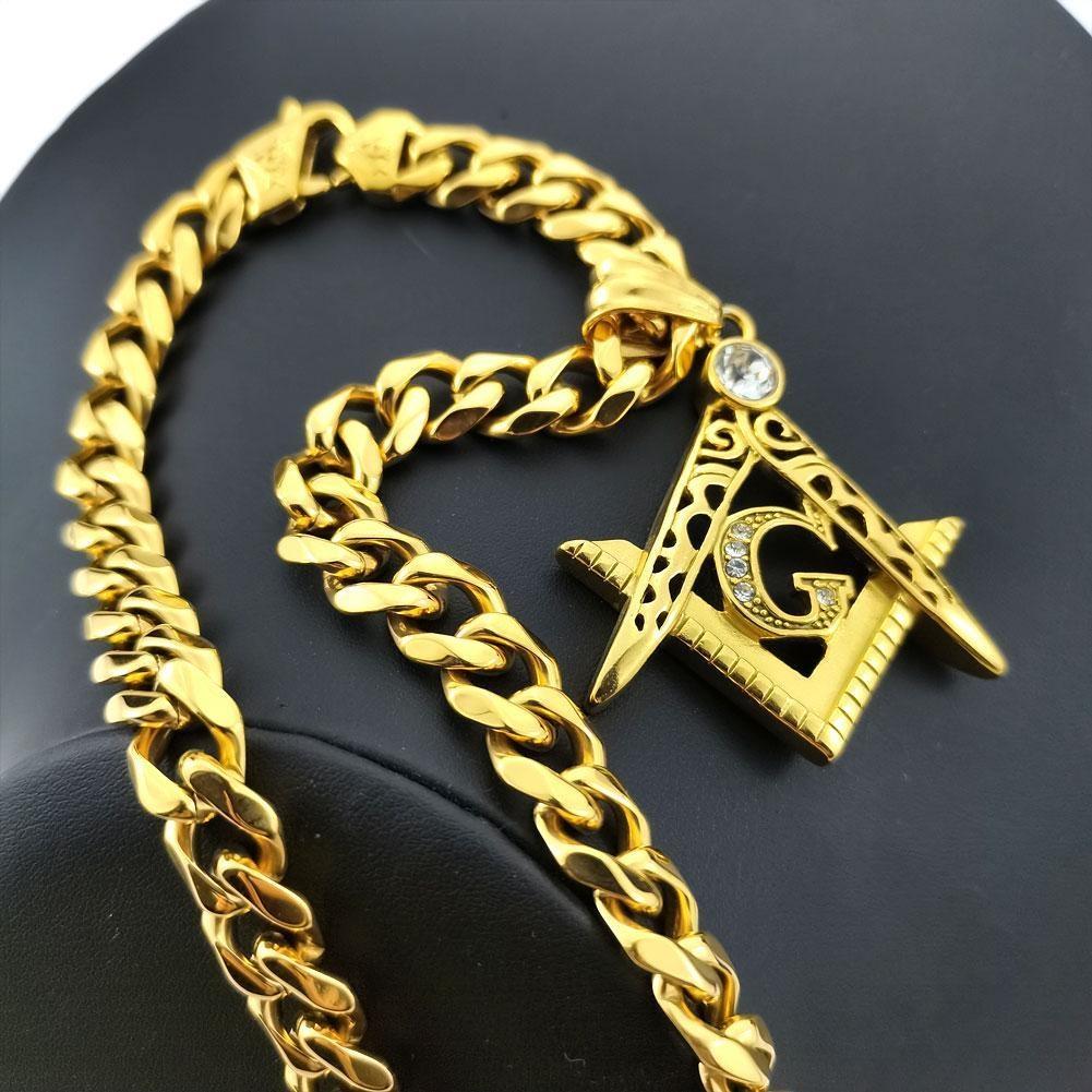 Rhinestone Pendant Necklace 11mm Width Yellow Mens Women Freemasonry Masonic Mason Stainless Steel
