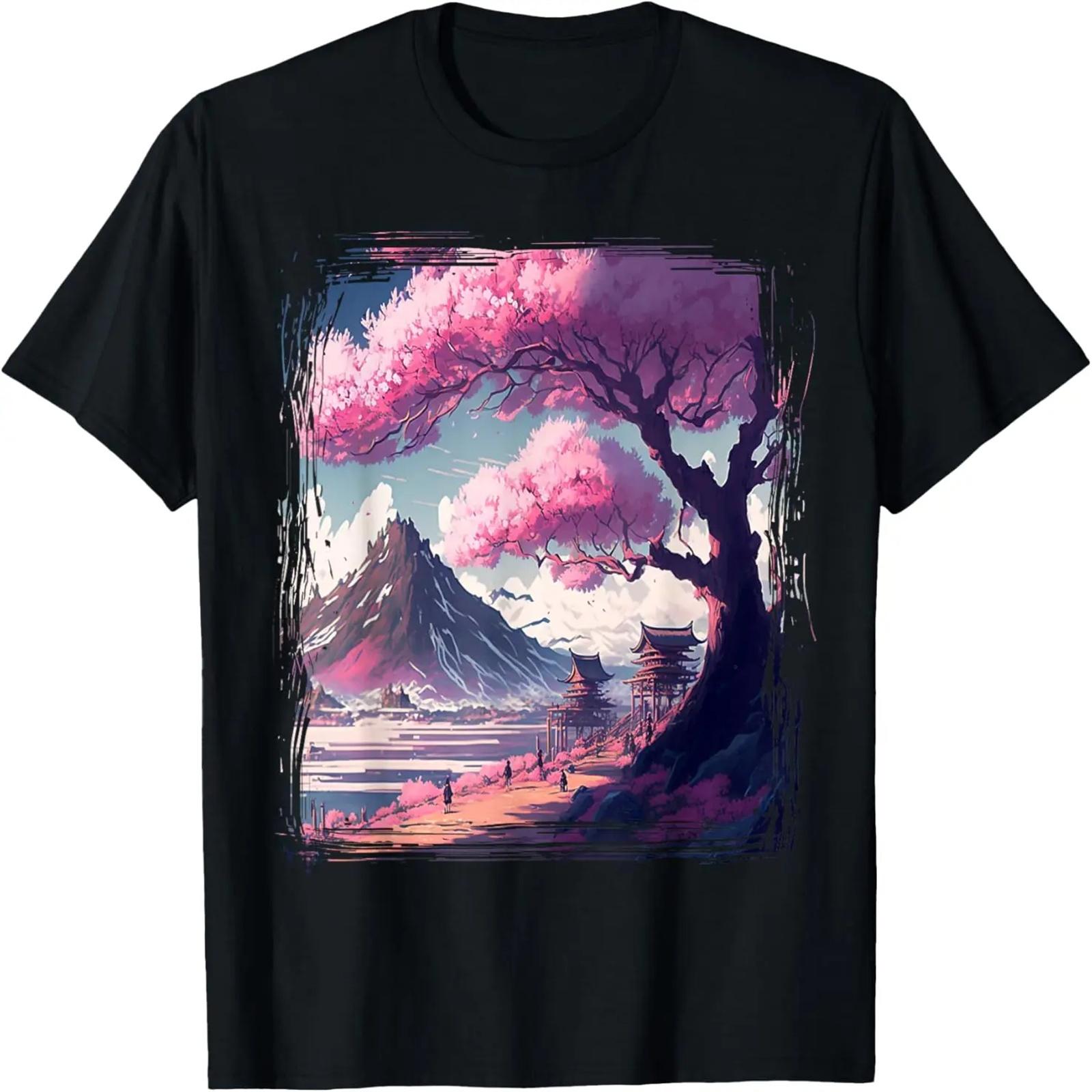 

Vintage Japanese Flower Tee Mountain View Landscape Graphic T-Shirt XXXXXL чорний