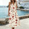 Women Sleeveless V Neck Pocket Split Hem Midi Dress Floral Print Linen Cotton Blend Casual Summer Dress