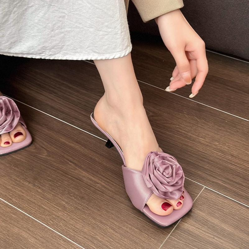 2025 Spring and Summer New Satin Rose Decoration Stiletto High Heels Open-toed Fashionable Round Head Cool Slippers Women's Shoes