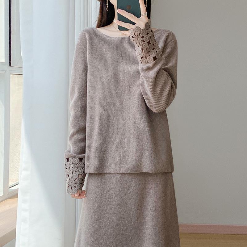 Autumn/Winter Pure Wool Knit Two-Piece Set: Round Neck Long Sleeve Top & Mid-Length Hollow Crochet Skirt