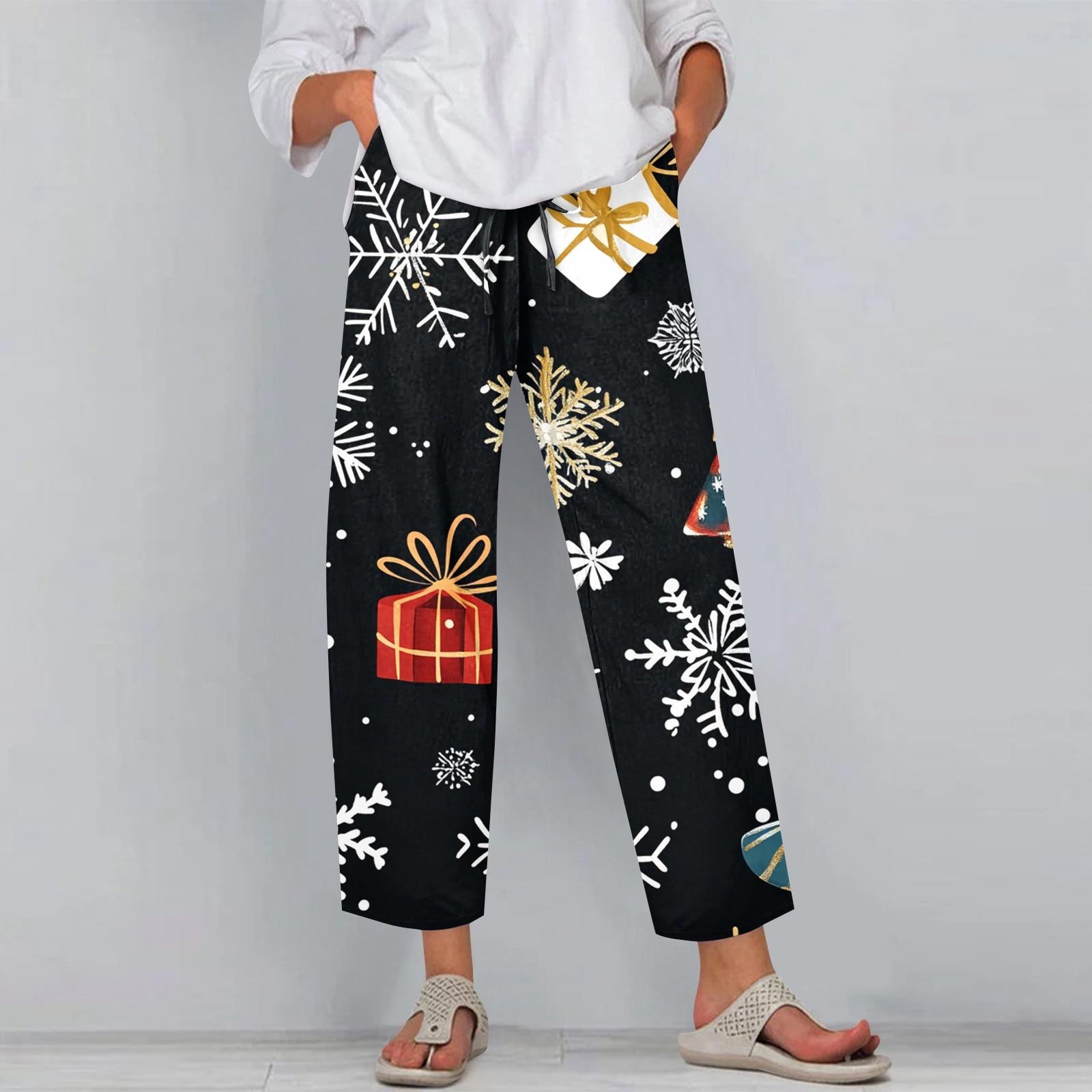 

Женские модные повседневные брюки с принтом рождественских снежинок, карманами на шнурке и эластичной талией S