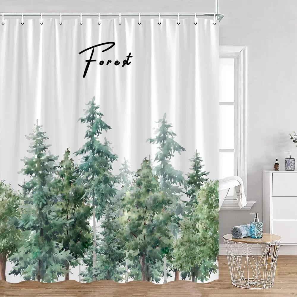 

Туманный лес Занавеска для душа Сосны под снегом Природный ландшафт Простая декоративная современная полиэстеровая занавеска для душа для ванной W120xH180cm