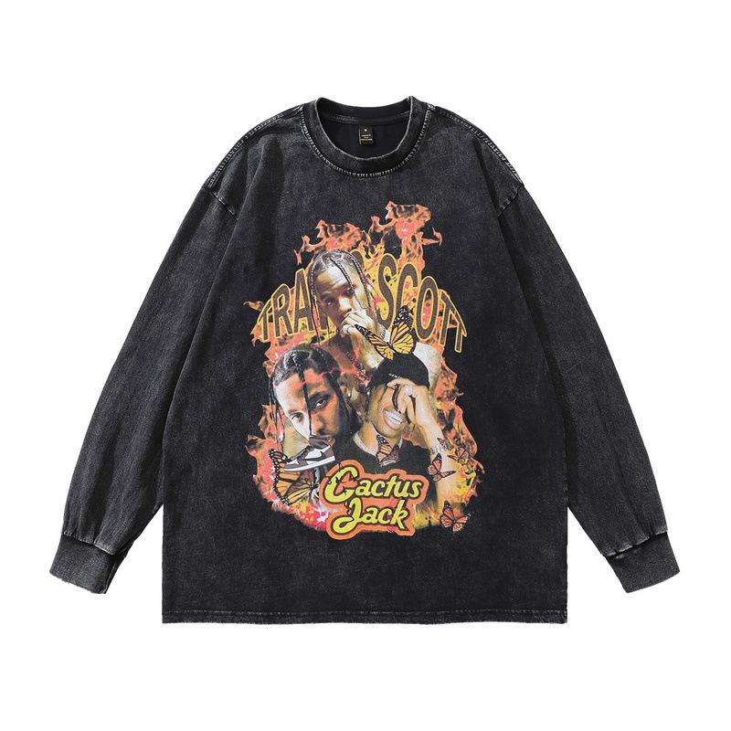 Hip Hop Rap Portrait Print Long Sleeve T-Shirt Autumn Retro Fried Color Men'S Crew Neck Sweater